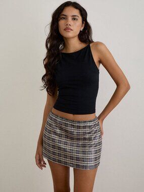 Motel Rocks Guizio Mini Skirt in Sequin Vintage Check Brown